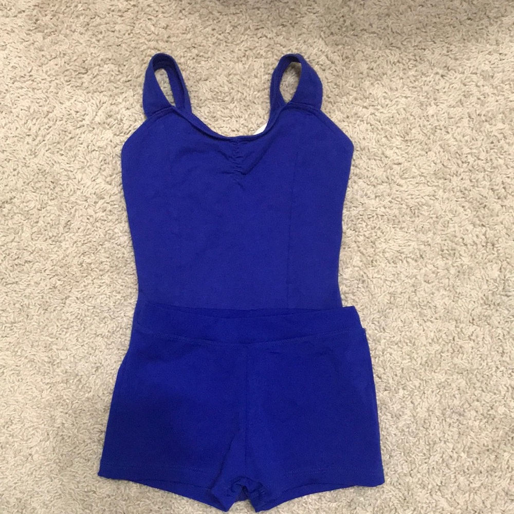 Capezio princess style leotard in Royal blue w/ shorts size child medium
